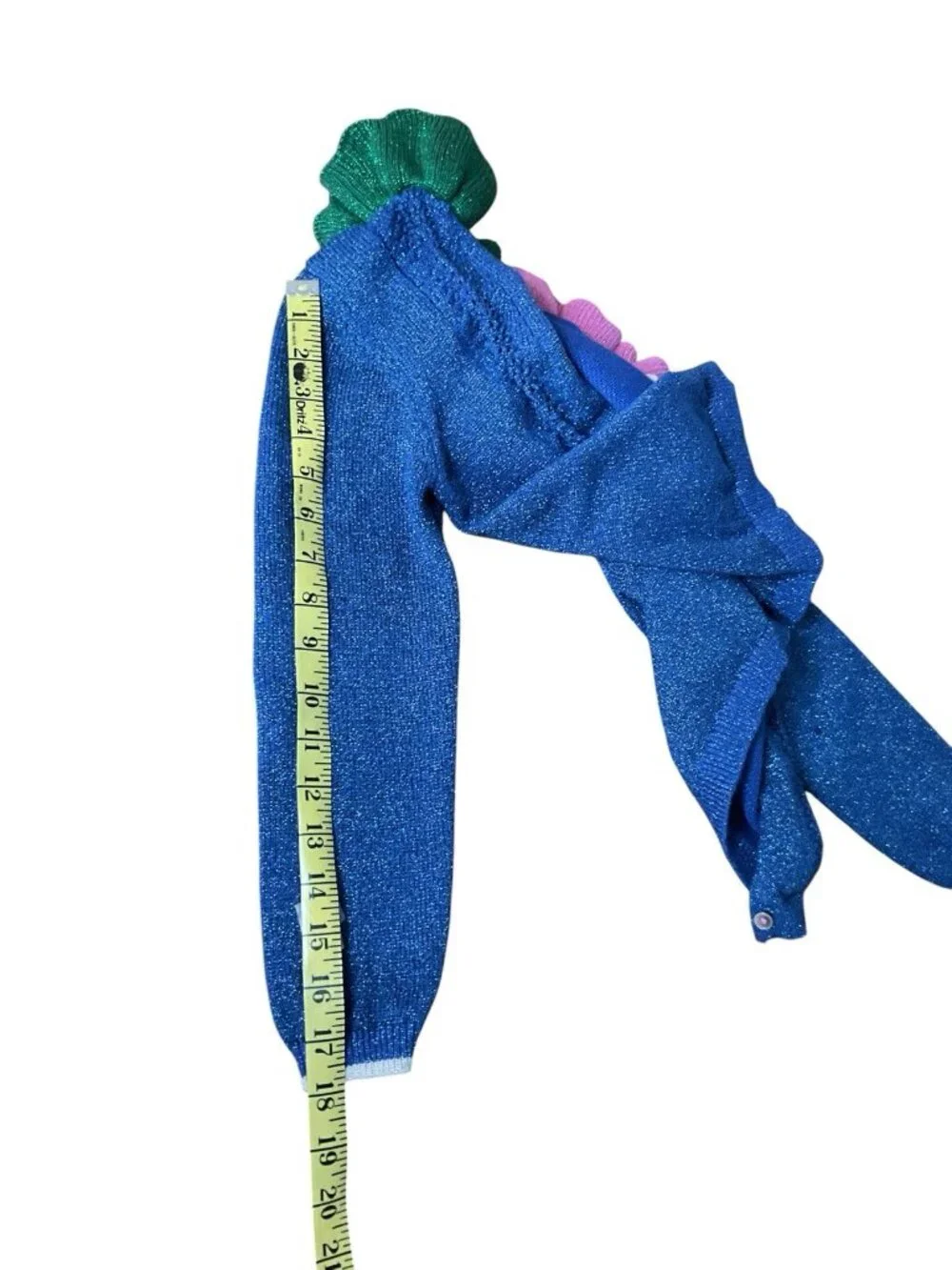 Mini Boden Girls Knit Button Cardigan Sweater Ruffle Collar Blue Size 7-8